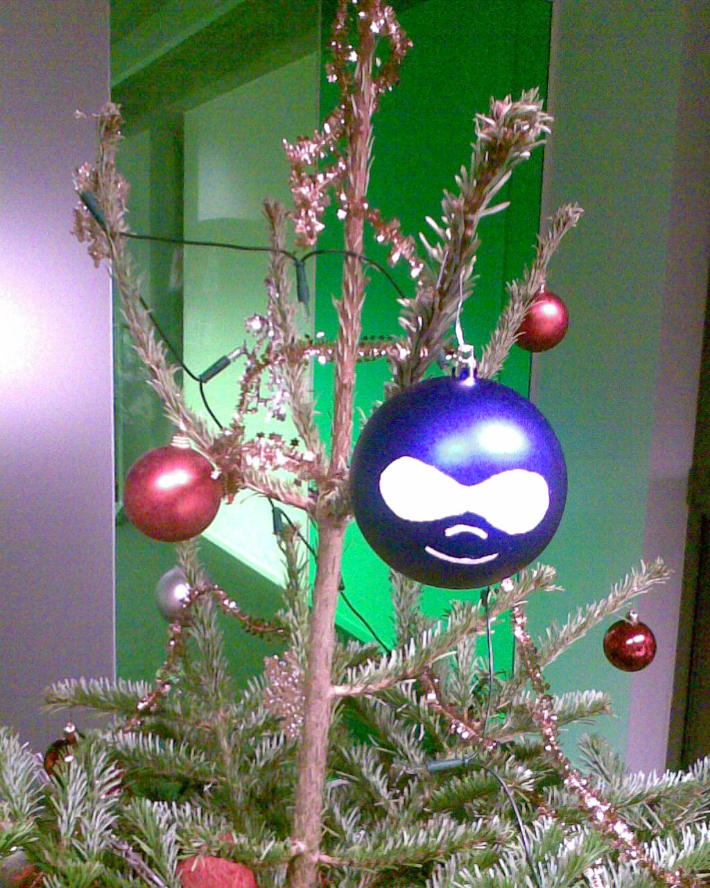 A close-up of a drupal chritmas ball in the christmas tree